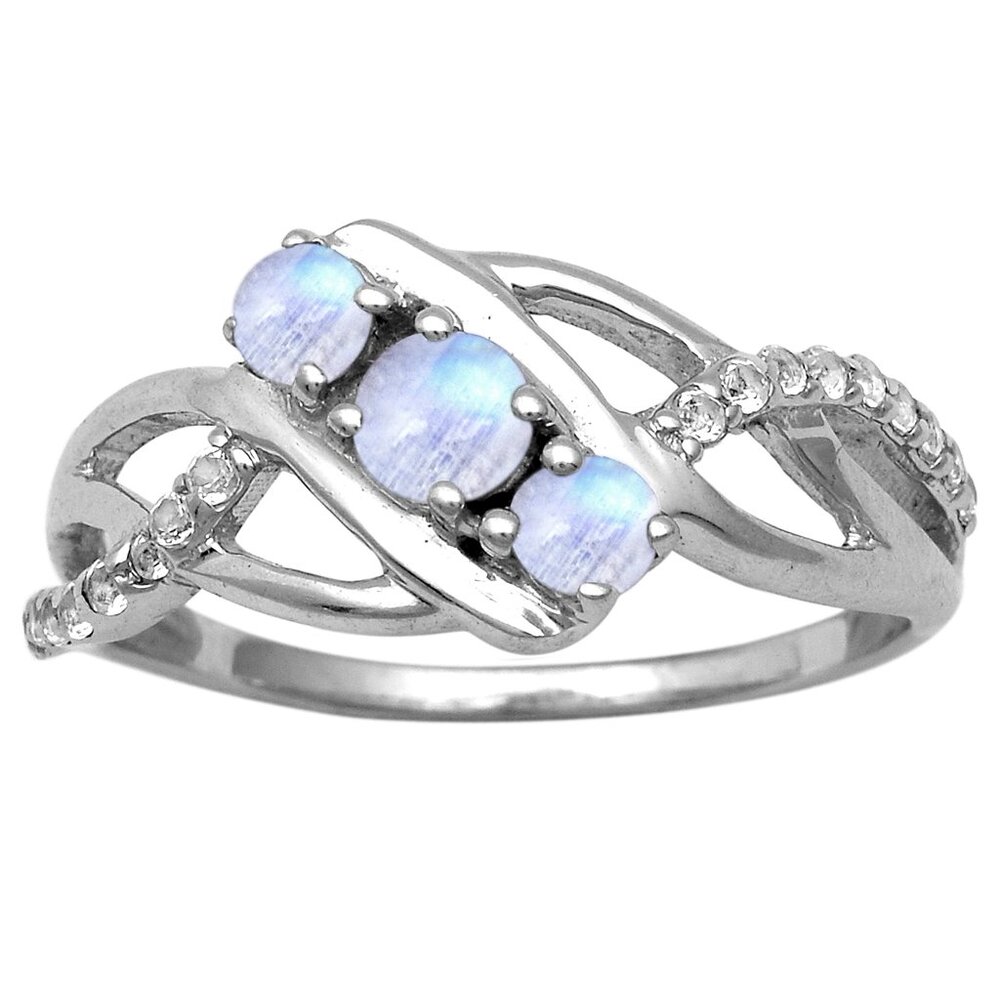 4MM Round Moonstone Gemstone 925 Sterling Silver Three Stone Women Promise Ring